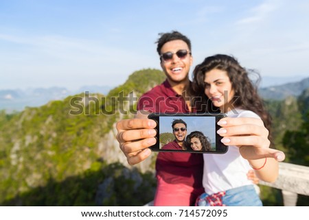 Young Couple Mountain View Point Happy Smiling Man And Woman Taking Selfie Photo On Cell Smart Phone Asian Holiday Summer Vacation Travel