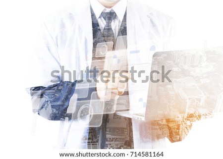 Double exposure of business man touching on screen, isolated on white background