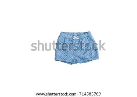 Fashion blue baby-girl shorts isolated on white background for spring and summer wardrobe/ Baby clothes/ Close-up/ Flat lay/ Top view 
 Royalty-Free Stock Photo #714585709