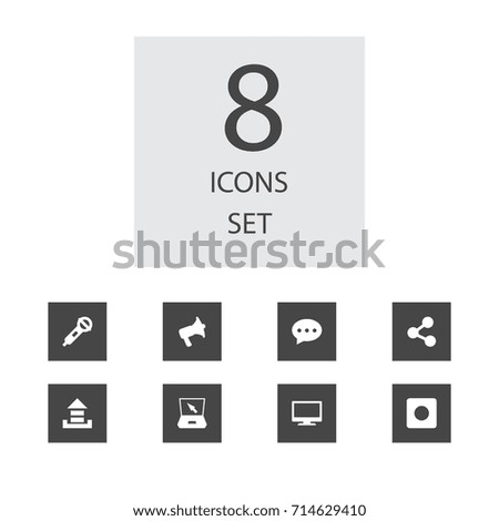 Set Of 8 Multimedia Icons Set.Collection Of Bullhorn, Rec Button, Notebook And Other Elements.