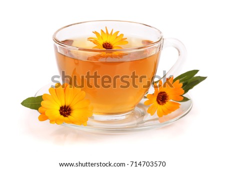 Calendula tea with fresh flowers isolated on white background