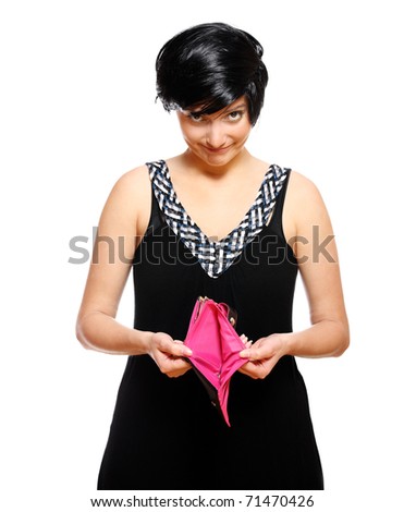 A picture of a sad young woman standing against white background with an empty wallet