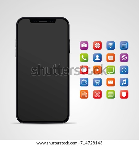Realistic, modern, smart phone collection with colorful apps on isolated background.