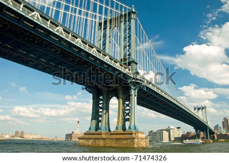 Manhattan bridge in New York City with beautiful blue sky in background
