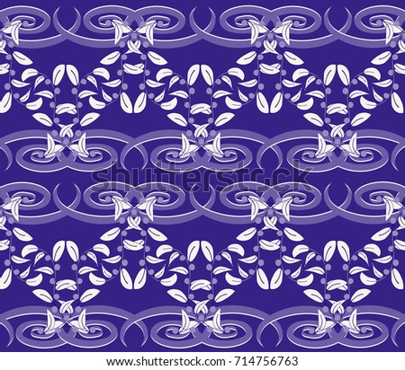Seamless pattern with blue national background of geometric and floral ornaments.
Vector illustration could be used for background, dishes, textile, house interior or wallpaper.
