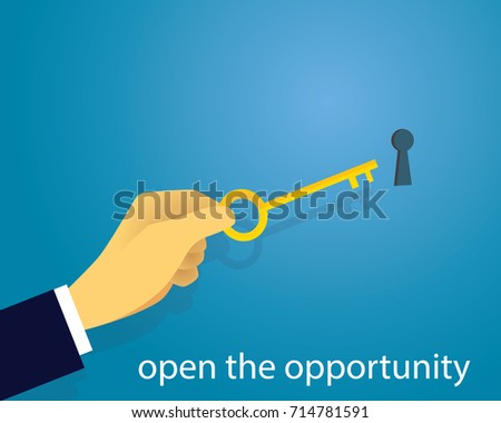 Vector illustration. Business success concept. Businessman holding key of success to open door of big opportunity winning glory in future