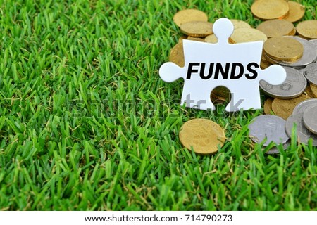  White colour missing jigsaw puzzle and coins with FUNDS word on the artificial grass background.