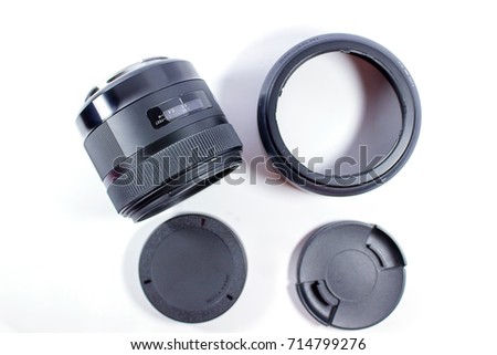 Close up of camera lens on a white background