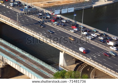 Dorogomilovskiy bridge on third transport ring and railroad bridge in Moscow, Russia