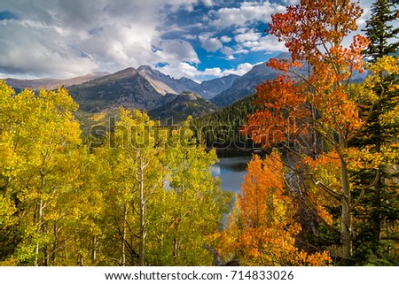 Fall colors and Longs Peak above Bear Lake in Rocky Mountain National Park Royalty-Free Stock Photo #714833026