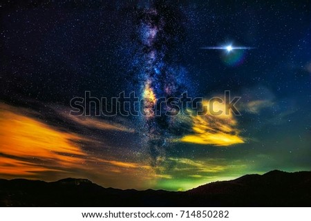 Close up of Milky Way with sunlight flare seen with the telescope.Clearly Milky Way showing detail of starry sky and beautiful universe on night colorful landscape.Space and Galaxy Isolated background