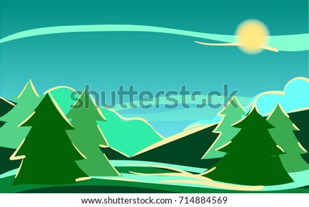 Vector daybreak landscape, nature scenery banner. Hand painted sky twilight night forest. Christmas or new year illustration. Outdoor, adventure, travel, holidays panorama design. Wide view, horizon.