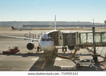 Airport runaway area with aircraft ready to flight. Air transport 