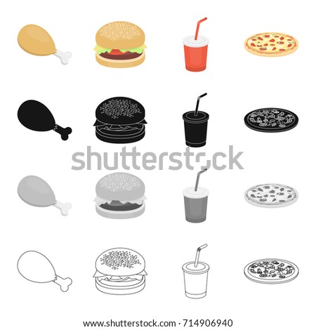 Chicken legs, fast food burger, Cola in a glass, pizza. Fast food set collection icons in cartoon black monochrome outline style vector symbol stock illustration web.