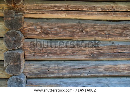 The picture shows a wall of a house made of almost unprocessed logs.