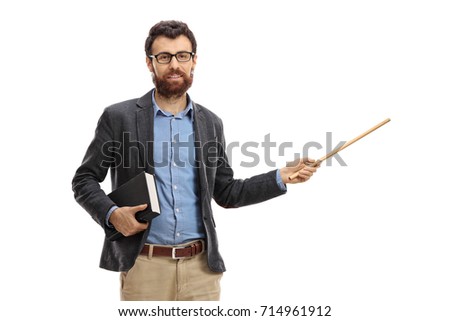 Teacher with a book and a wooden stick isolated on white background