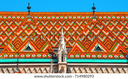 Colorful Roof detail of St. Matthias.  Catholic church in Budapest, Hungary. 