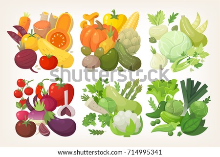 Colorful vegetables organized by color into square groups. Vector grocery elements Royalty-Free Stock Photo #714995341