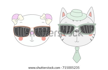 Hand drawn vector illustration of a funny panda and cat in big sunglasses with words Cute and Cool written inside them. Isolated objects on white background. Design concept for children.
