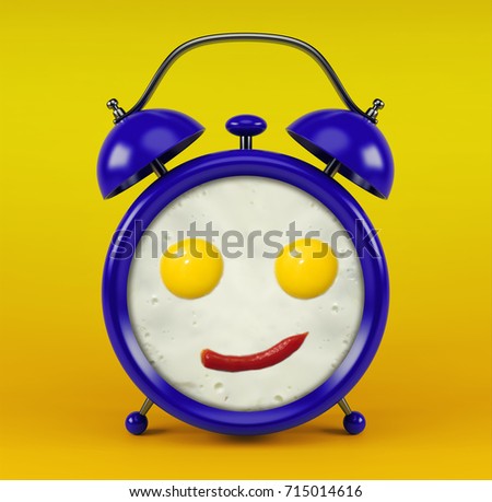 Blue alarm clock with funny face omelet concept - isolated on yellow background