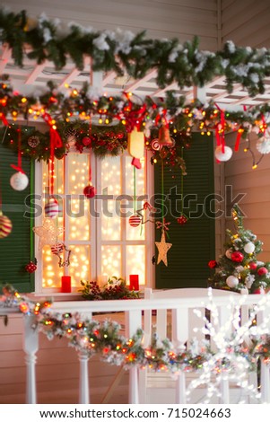 christmas room interior design xmas tree decorated by lights- resents gifts toys candles copy space holiday concept