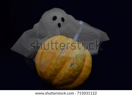 Cute little ghost doll with ripe pumpkin for Halloween concept.