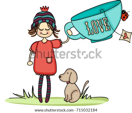 Girl and dog with big love cup tea
