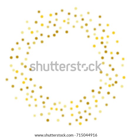gold stars glitter confetti round frame. shining sparkles circle border pattern on white with golden sky objects, star dust. Abstract vector background design element