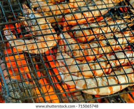 Tiger prawns grilled sea food, shrimps, street food and beach bbq