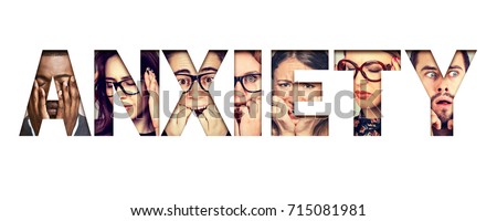 Word anxiety composed of anxious worried stressed faces of men and women  Royalty-Free Stock Photo #715081981