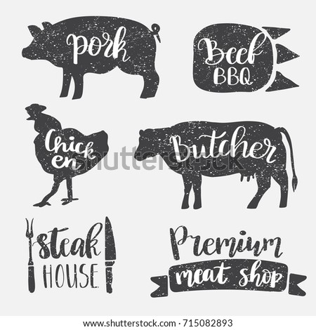 Vintage style set of retro badge, label, logo design templates for meat store, deli shop, butchery market, cafe or restaurant. Vector lettering design