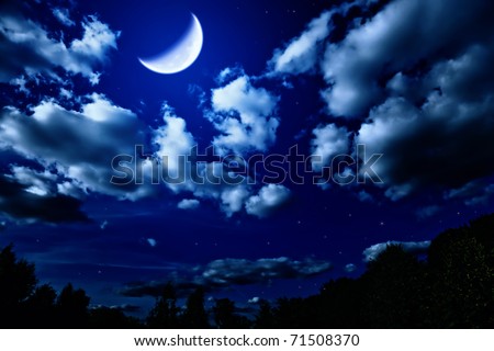 Landscape with night summer forest with green trees and bright large moon in dark sky with clouds and stars