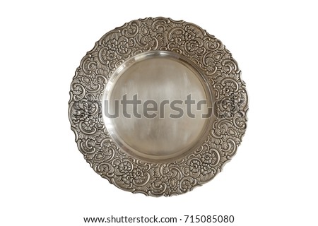 Vintage plate or tray isolated on white background.  Old metal plate with decorative round floral ornate frame. Royalty-Free Stock Photo #715085080
