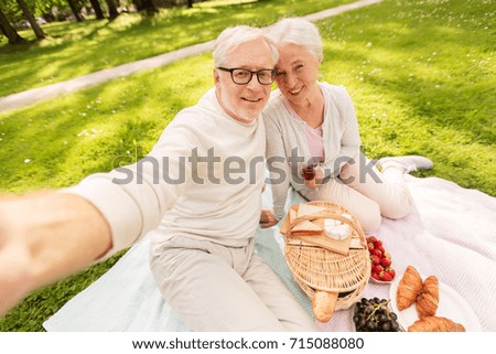 old age, leisure and people concept - happy senior couple with picnic basket and wine taking selfie at summer park