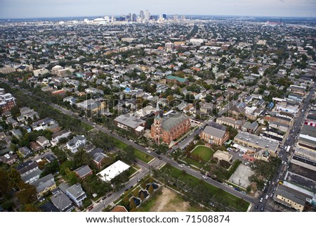 Aerial of Church and neighborhood in the City of New Orleans