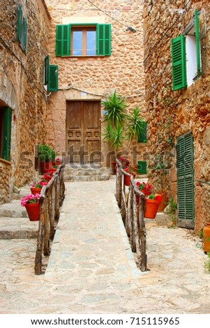 Charming old street with rustic houses, shutters, terracotta pots and flowers, Valldemossa, Majorca