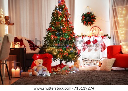 Christmas interior of living room with beautiful fir tree