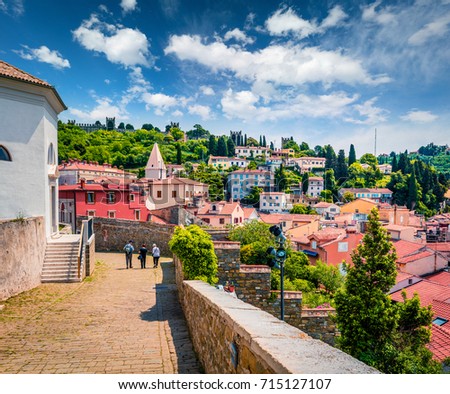 Greatmorning view of old town Piran. Splendid spring morning on Adriatic Sea. Beautiful cityscape of Slovenia, Europe. Traveling concept background. Magnificent Mediterranean landscape. Royalty-Free Stock Photo #715127107