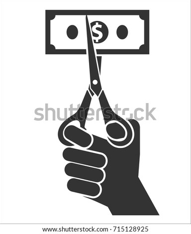 Hand cutting bank note with scissors icon