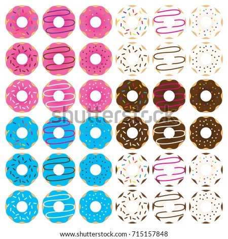 Donut clip art illustrations with vector drawings of pink, blue, vanilla, and chocolate glazed donuts with sprinkles 