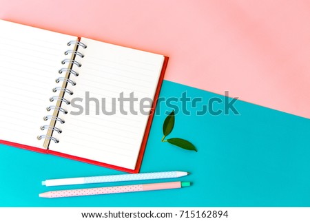Pastel office desk with open notebook, green leaf and pens on two tone background. 