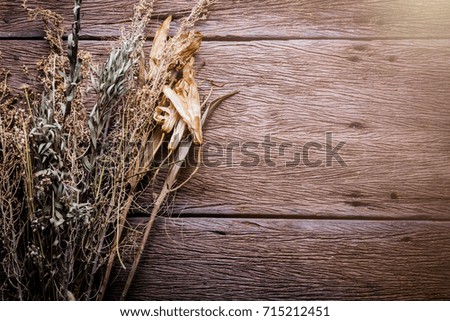 Abstract holiday frame with rose petals and dried flowers leaf on old wooden texture background