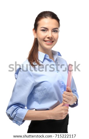 Young female receptionist holding clipboard, isolated on white
