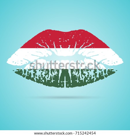 Hungary Flag Lipstick On The Lips Isolated On A White Background. Vector Illustration. Kiss Mark In Official Colors And Proportions. Independence Day