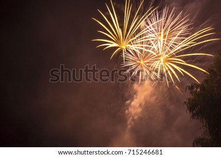 Celebration beautiful colorful fireworks over night sky copy space. Holidays salute. Independence Day. New Year. Yellow amazing fireworks, Royalty-Free Stock Photo #715246681