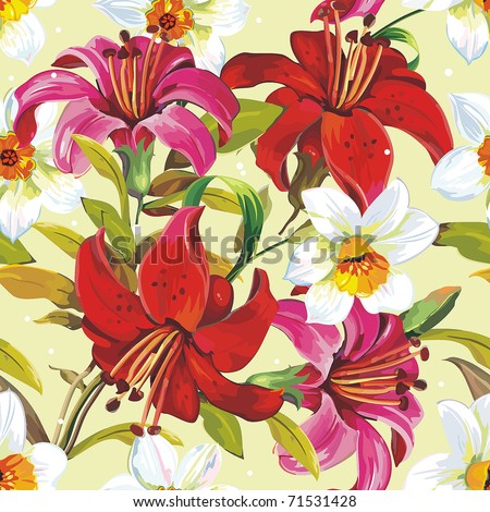 Seamless pattern with blooming lily on yellow background, vector illustration