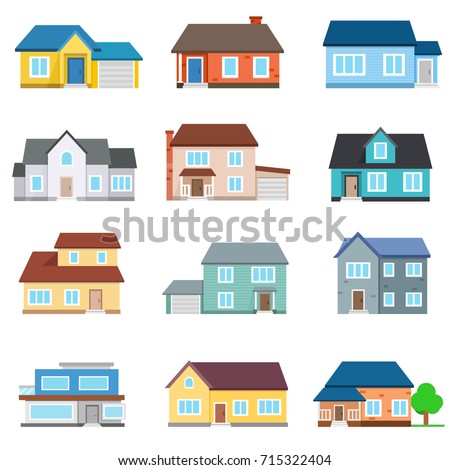 Set of houses front view. Collection of icons of urban and suburban house, town house, and cottage. Isolated vector illustration