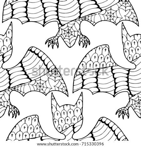 Zentangle Bats Hand Drawn and Traced to Vector. Halloween Background. Seamless Pattern for Wrapping or Halloween Decoration. Background with Doodled Vampires.