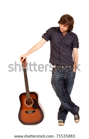 picture of a guitarist with acoustic guitar over white