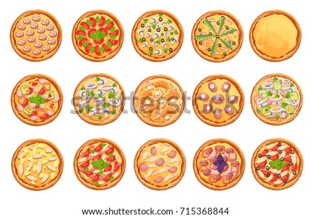 Set of flat pizza icons isolated on white Pizza top view set. Web site page and mobile app design vector element